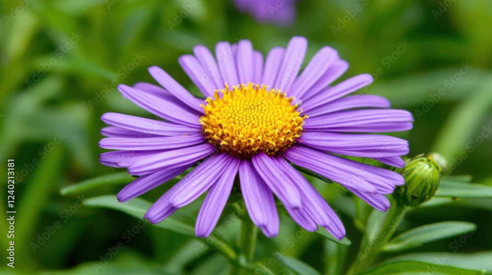 Fototapeta premium A vibrant purple flower with a yellow center, surrounded by green leaves, showcasing nature's beauty and intricate details.