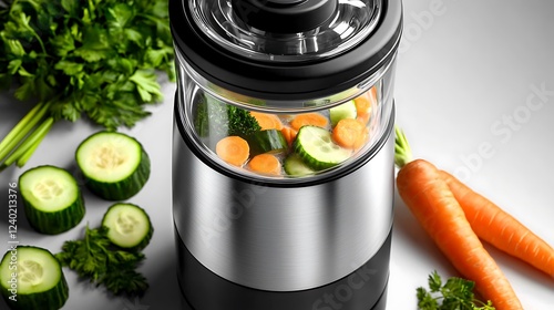 Chopped vegetables in a food processor, healthy eating photo