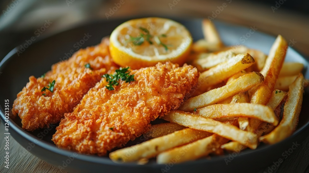 Crispy fish and chips, lemon, wooden table, close-up, restaurant menu Crispy fish and chips, lemon, wooden table, close-up, restaurant menu