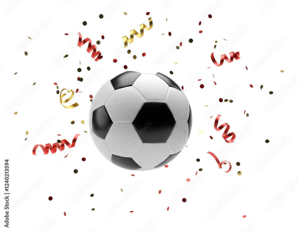 Naklejka premium Soccer ball with celebration confetti, symbolizing festive soccer or sports event