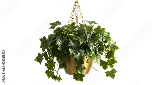 Hanging artificial ivy plant in gold pot, white background, home decor photo