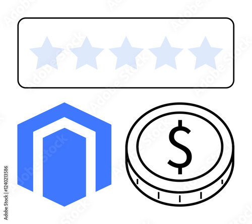 Five-star rating bar, blue hexagonal house shape, and dollar coin outline. Ideal for housing, finance, investment, quality ratings, banking construction savings. Abstract line flat metaphor