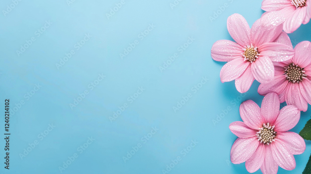 Obraz premium A vibrant arrangement of pink flowers against a soft blue background, creating a cheerful and fresh aesthetic perfect for spring or floral themes.