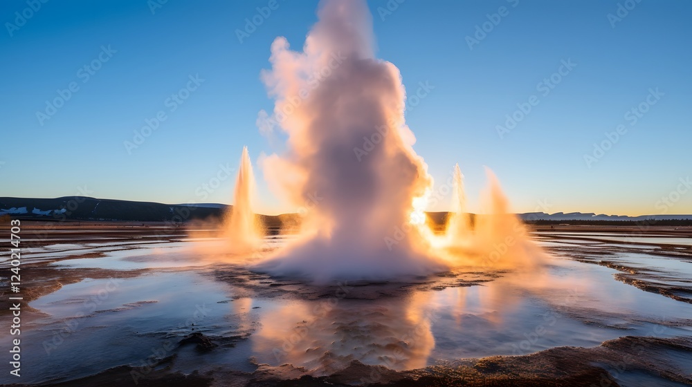 Obraz premium Mesmerizing volcanic geyser erupting forcefully shooting a plume of hot steam high into the air against a dramatic mountain landscape