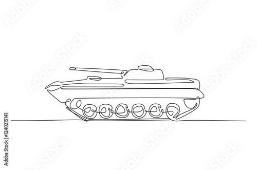 Military tank in continuous one line drawing. Single line art draw of army battle tank. Editable vector.
