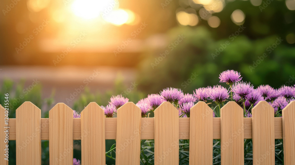 Fototapeta premium A sunlit wooden fence adorned with blooming purple flowers, set against a softly blurred green background.