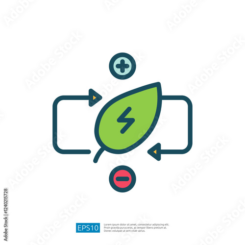 The image features a green leaf with a lightning bolt, surrounded by arrows and plus/minus symbols, symbolizing renewable energy and sustainability.