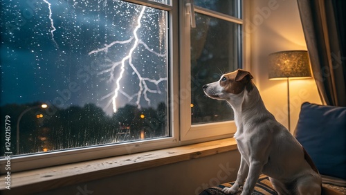 a Jack Russell Terrier dog sitting on a cushion near a window