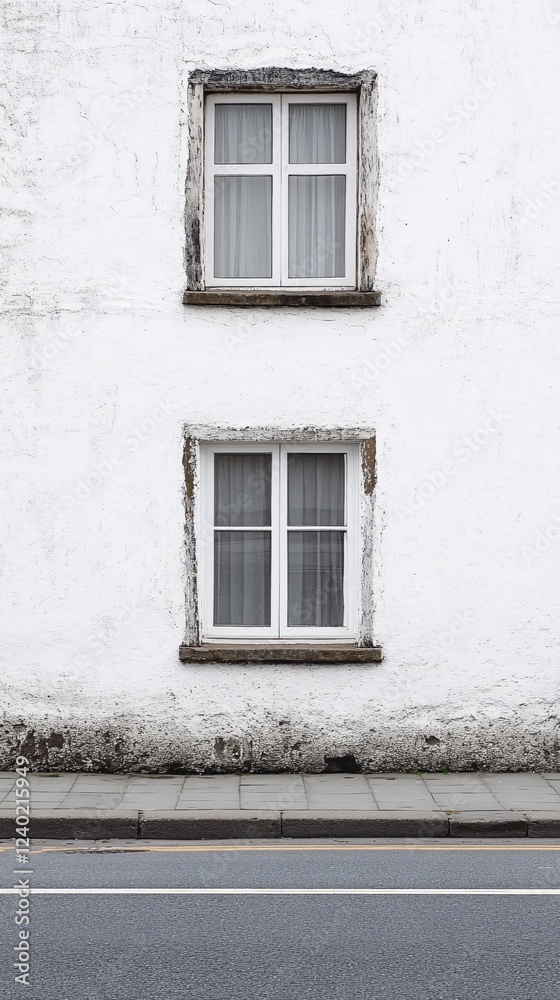 Two white windows on a textured wall above a street with a gray sidewalk and asphalt road Two white windows on a textured wall above a street with a gray sidewalk and asphalt road