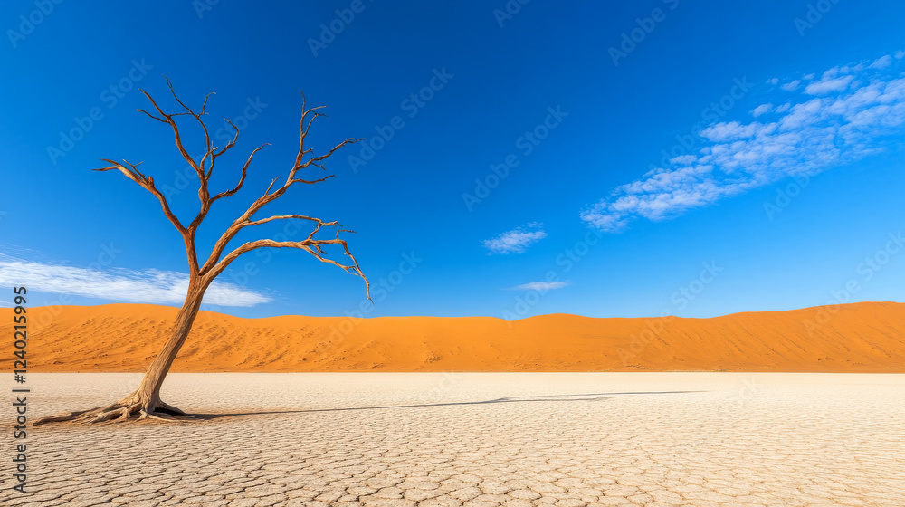 Lone tree standing on cracked desert ground beneath blue sky with distant orange sand dunes and scattered white clouds, representing solitude and the harsh beauty of desolate landscapes