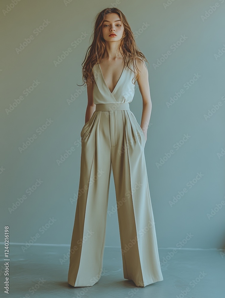 Fototapeta premium Chic woman in stylish jumpsuit posing confidently.