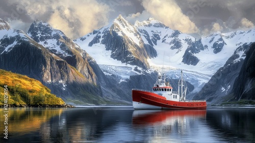 Majestic Red Fishing Boat Docked in Tranquil Mountain Lake Surrounded by Snow-Capped Peaks and Lush Greenery