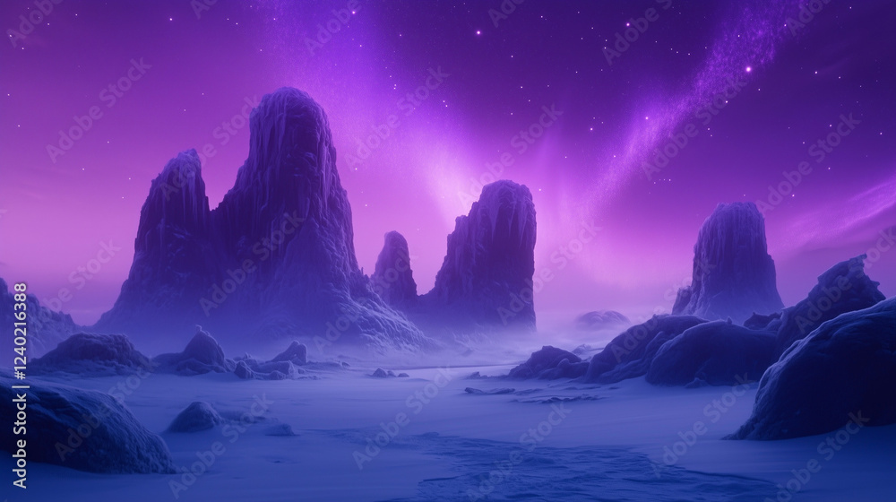 Naklejka premium Purple blue aurora borealis painting over a vast ice and snow landscape at night, shimmering light dancing across the sky