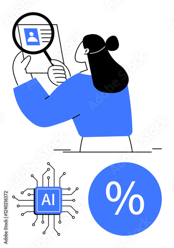Wallpaper Mural Person scrutinizing a resume with magnifying glass, AI processor, percentage symbol. Ideal for HR, recruitment processes, AI analysis, data evaluation, precision, efficiency technology advancements Torontodigital.ca