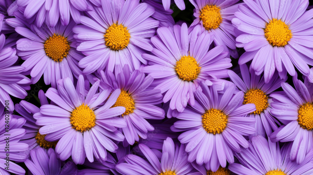 Fototapeta premium A vibrant cluster of purple daisies, showcasing their striking yellow centers, perfect for floral arrangements and nature-inspired decor.