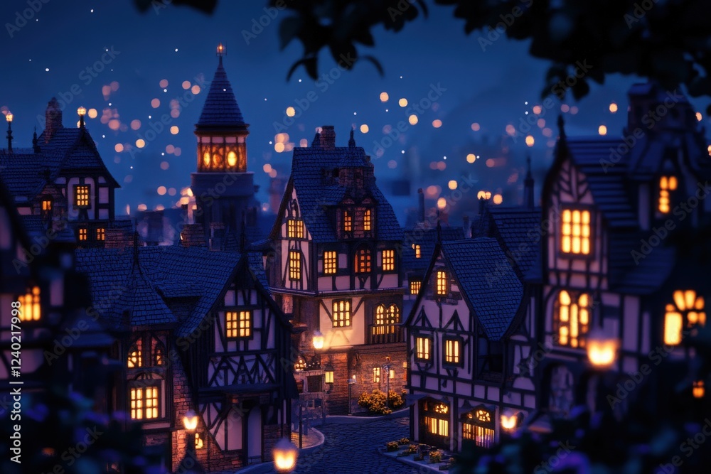 Naklejka premium City Lights: A night scene of a city with glowing streetlights and buildings