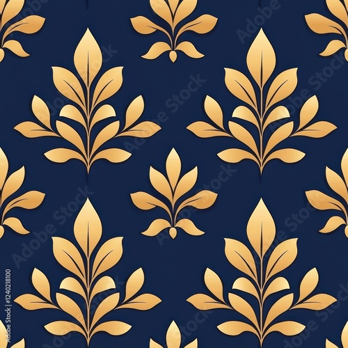 Elegant Symmetrical Damask Pattern with Botanical Flourishes in Deep Blue Background