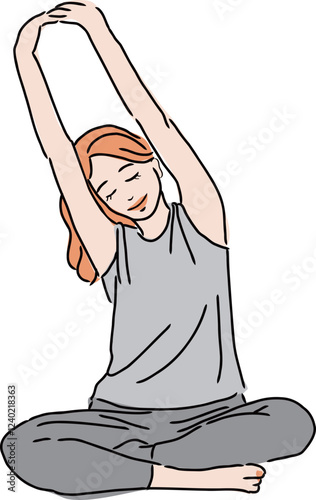 Happy woman practicing yoga and shoulder stretching at home sitting on floor
