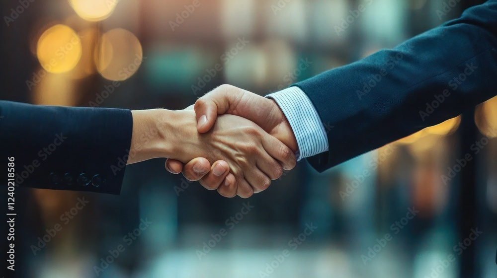 Two businesspeople shaking hands in a corporate setting, symbolizing a successful partnership.