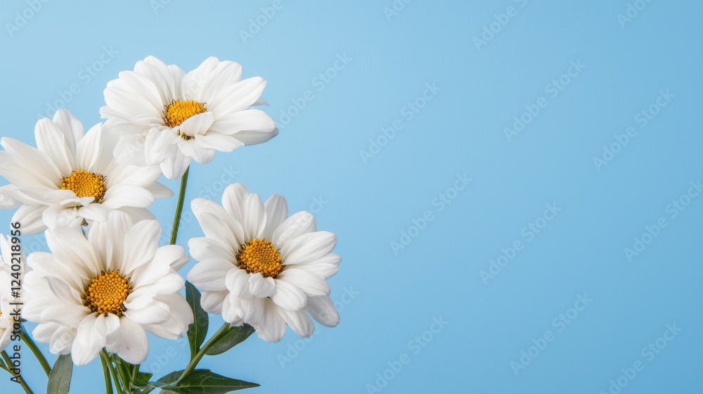 Fototapeta premium A vibrant bouquet of white daisies with yellow centers against a soft blue background, conveying freshness and natural beauty.