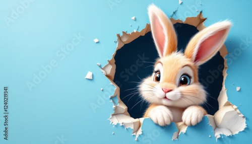 Adorable Bunny Peeking Through Hole in Blue Wall