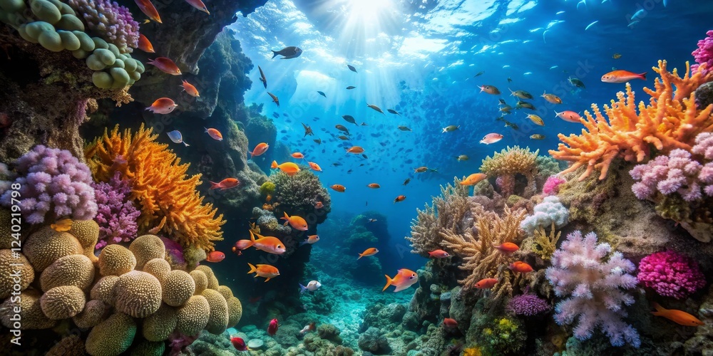 Obraz premium Vibrant Underwater Coral Reef with Colorful Fish and Sunlight Beams