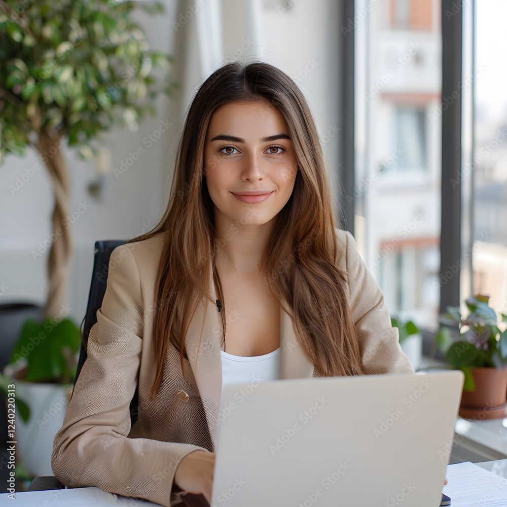 Confident woman working laptop office window plants Confident woman working laptop office window plants