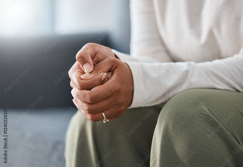 Fototapeta premium Psychology, person and hands in counseling for anxiety, wellness and recovery service for mental health. Therapy, patient and nervous gesture by closeup for trauma, stress and healing journey by zoom