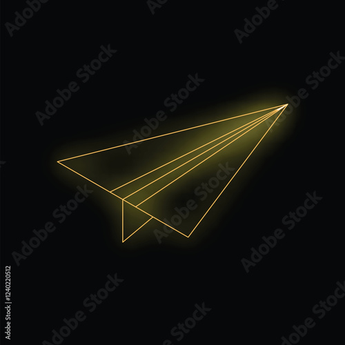 Yellow neon paper plane flying on a black background, simple concept for business, travel or message