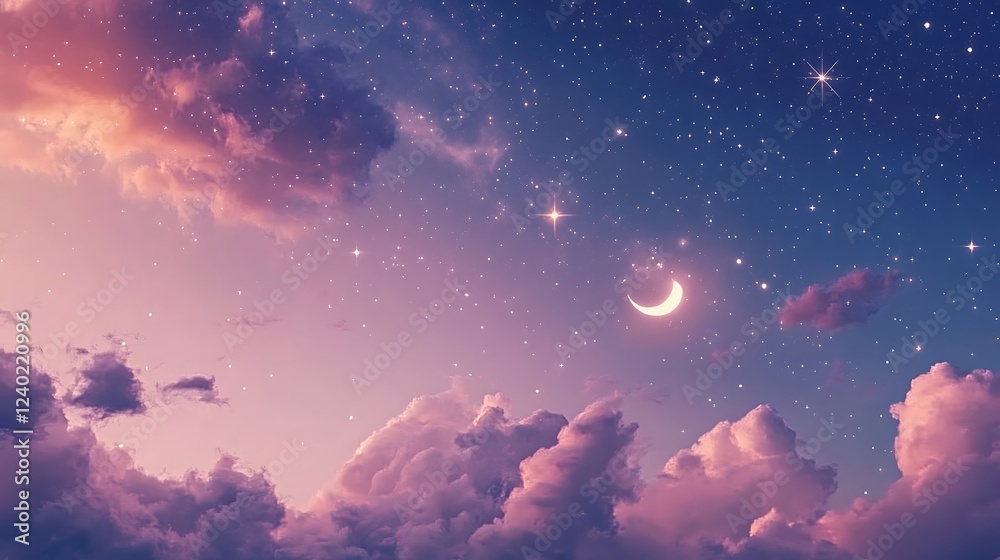Fototapeta premium A crescent moon and stars shine over fluffy pink clouds at dusk