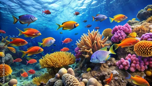 Vibrant Underwater Scene with Colorful Coral and Tropical Fish