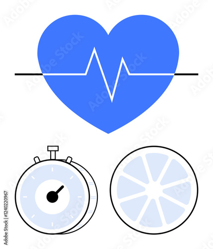 Blue heart with heartbeat line above stopwatch and citrus slice. Ideal for health, fitness, nutrition, time management, wellness goals, cardio care, healthy habits. Minimal abstract line flat