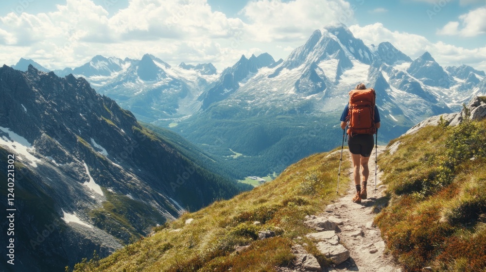 A Hiker Walking a Mountain Trail With a View of Snow-Capped Peaks A Hiker Walking a Mountain Trail With a View of Snow-Capped Peaks