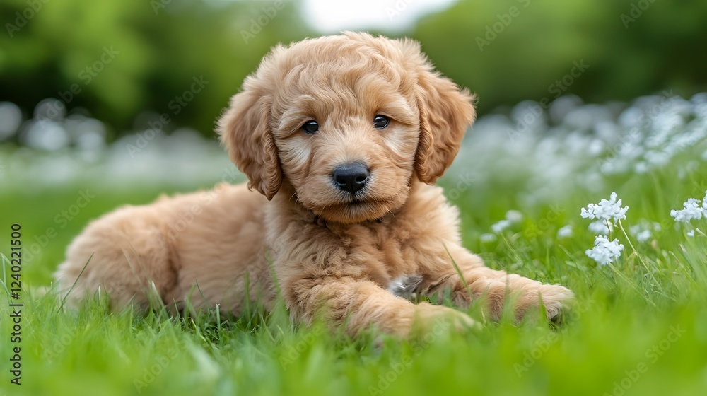 Adorable Golden Doodle Puppy in Spring Flowers Adorable Golden Doodle Puppy in Spring Flowers