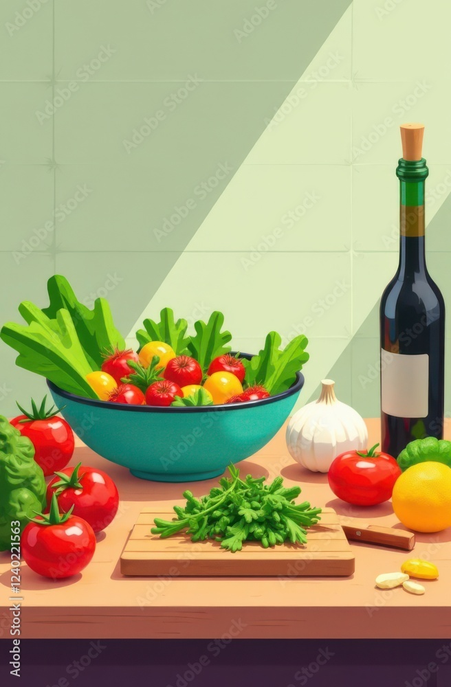 Preparing a colorful salad with fresh vegetables and wine Preparing a colorful salad with fresh vegetables and wine