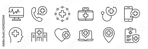 set of healthcare thin line icon. contain digital healthcare, medicine, online, insurance, checkup, doctor icon collections. vector illustration