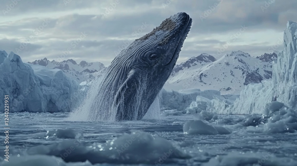 Fototapeta premium Majestic Humpback Whale Breaching Amidst Icy Landscape and Glacial Mountains Under Dramatic Clouds