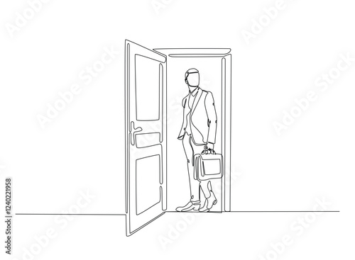 Businessman caryying briefacase in front of door in continuous one line drawing. Businessman and door line draw. Editable vector.