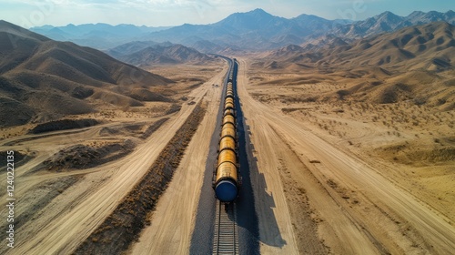 Aerial view of long freight train on desert railway. photo