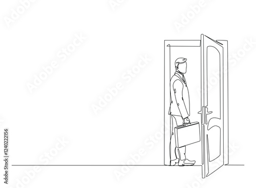 Businessman caryying briefacase in front of door in continuous one line drawing. Businessman and door line draw. Editable vector.