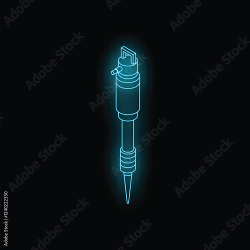 Blue neon jackhammer glowing on dark background symbolizing construction and renovation