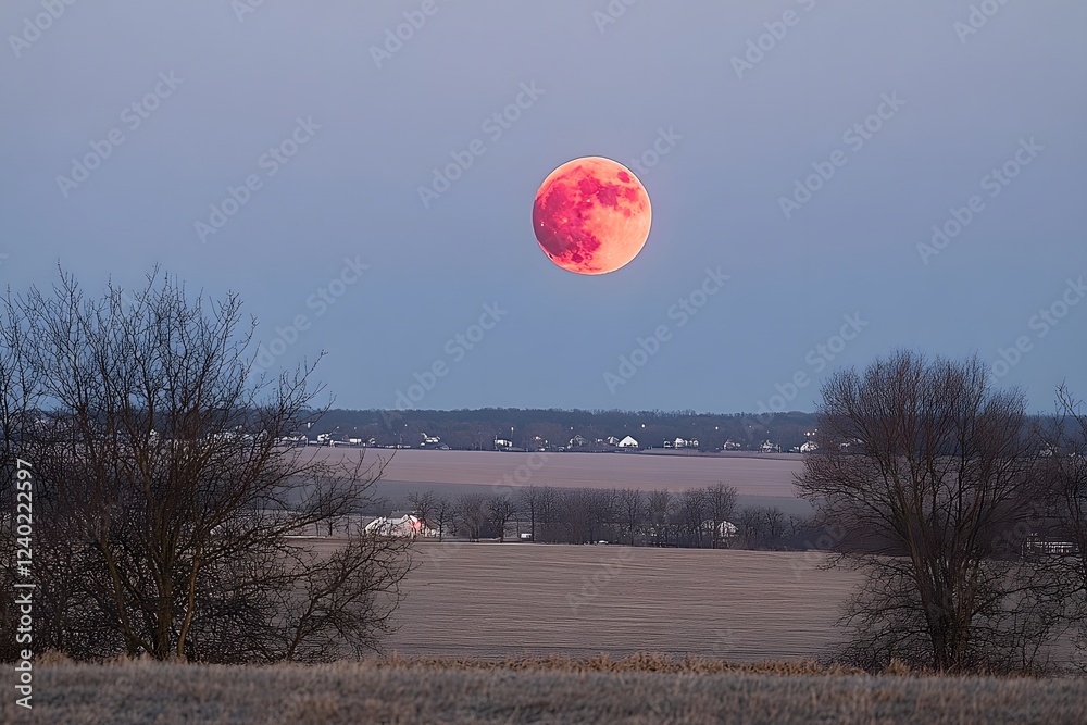 Pink Supermoon over Rural Landscape at Dusk Pink Supermoon over Rural Landscape at Dusk