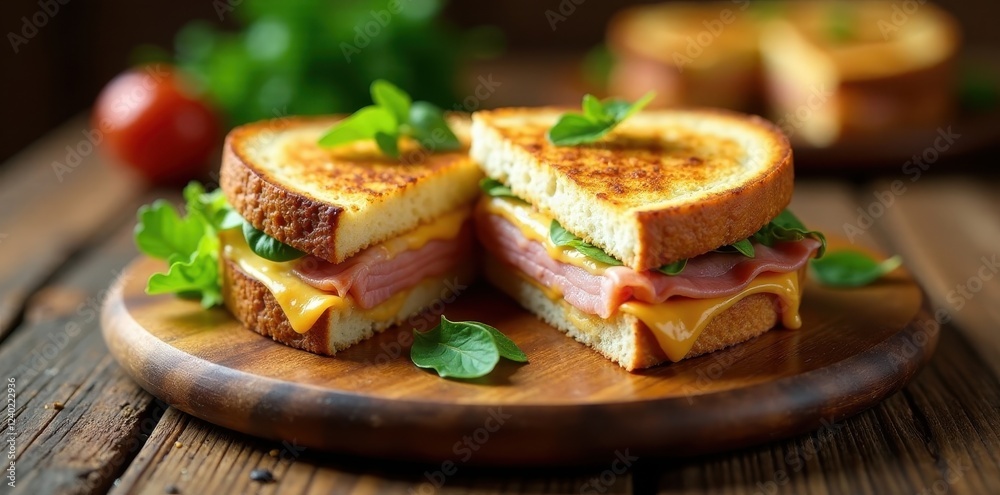 A Delicious Grilled Ham and Cheese Sandwich on a Rustic Wooden Board A Delicious Grilled Ham and Cheese Sandwich on a Rustic Wooden Board