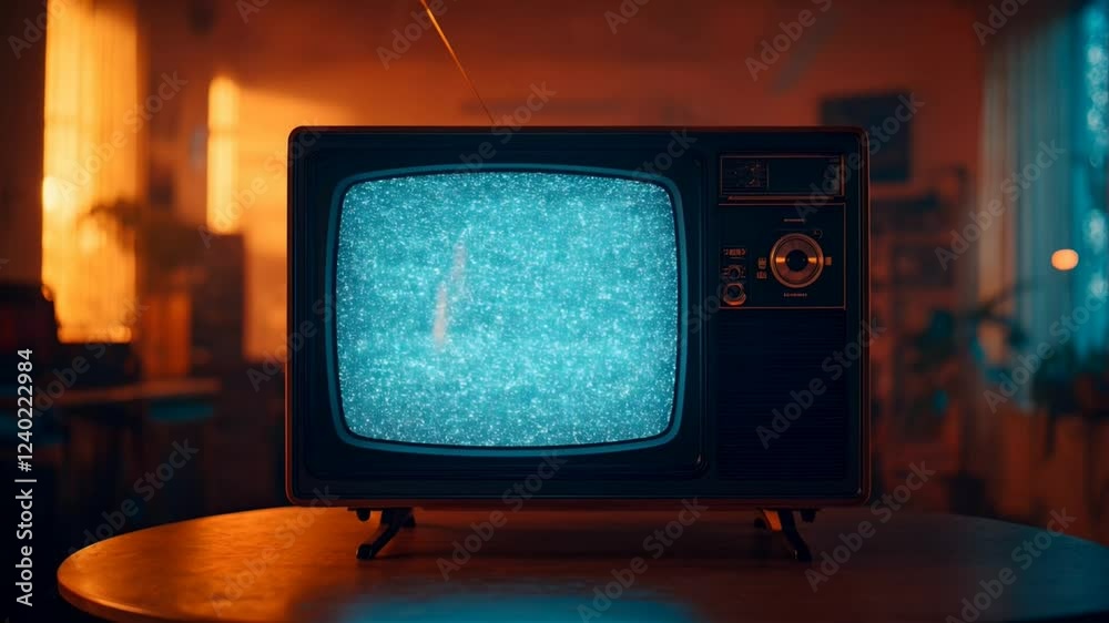 TV放送が終了して砂嵐が映ってるレトロなブラウン管のある部屋