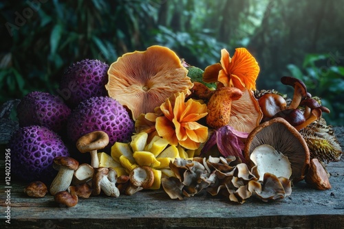 A vibrant collection of various mushrooms and fungi, showcasing diverse colors and textures, arranged on a rustic wooden surface. photo