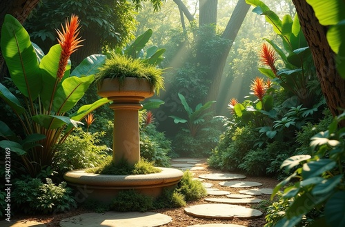  Peaceful garden pathway with vibrant flowers, tropical plants, and soft sunlight.
