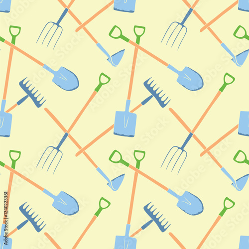 Seamless pattern with garden equipment. Shovels, spades, rakes, hoes, pitchforks. Vector backgrounds and textures with tools for working on the farm, in dacha, country site in flat doodle style.