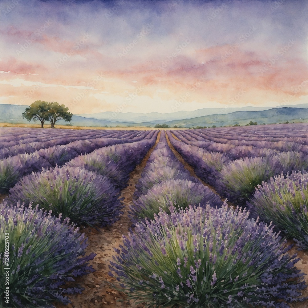 Obraz premium A watercolor of a rolling lavender field, fading into a pale horizon.