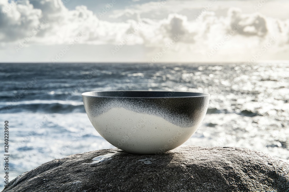 A speckled, dark-and-light bowl rests on a rock against a blurred ocean backdrop.