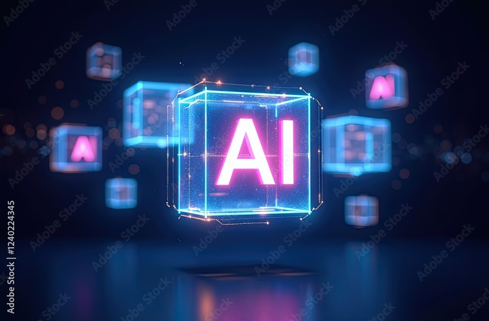 Holographic AI cubes floating with neon lights, representing artificial intelligence technology. Holographic AI cubes floating with neon lights, representing artificial intelligence technology.